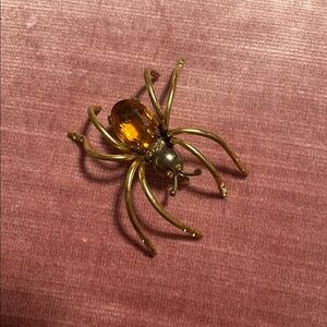 Vintage Costume Jewelry Large Spider Brooch Gold Toned Amber Toned Faux Diamond